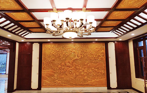 金川中式别墅客厅中式木作横梁吊顶装饰展示